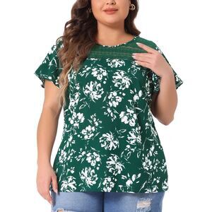 Plus Size Top Flared Sleeve Floral Print Lace Panel Blouse Green